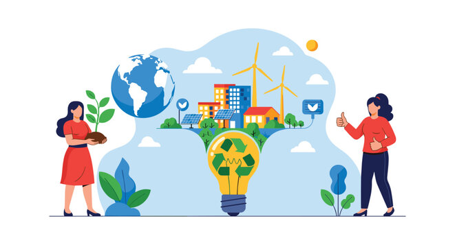 Two women working together to promote environmental sustainability and green city solutions with a large eco lightbulb.