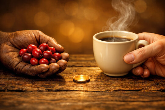 World Fair Trade Day coffee producer and consumer hands with ripe coffee cherries cup and golden coin symbolizing fair price fair wage trade justice sustainable trade ethical sourcing