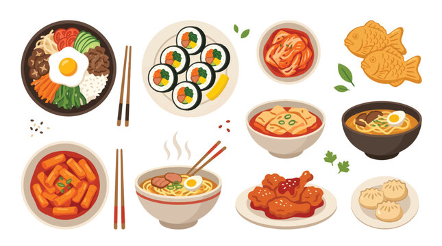 Korean Food Set Kimbap Kimchi Bibimbap Flat Vector Illustration