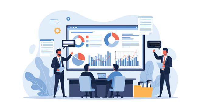 Business team members conducting a presentation and analyzing financial data graphs on a large interactive wall screen.