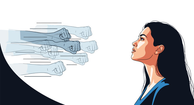 Brave woman standing firm and facing a barrage of oncoming fists representing courage against social pressure or abuse.