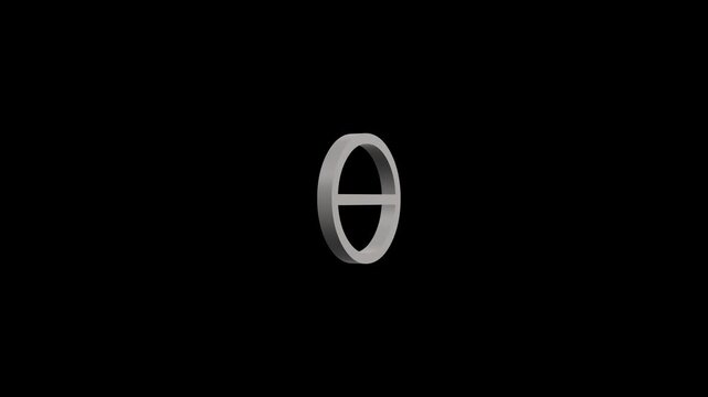 Minimalist 3 d theta symbol rotating on black background, greek alphabet character animation for motion
