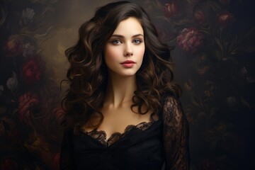 Fototapeta premium Elegant woman with long wavy hair wearing black lace top against dark floral backdrop