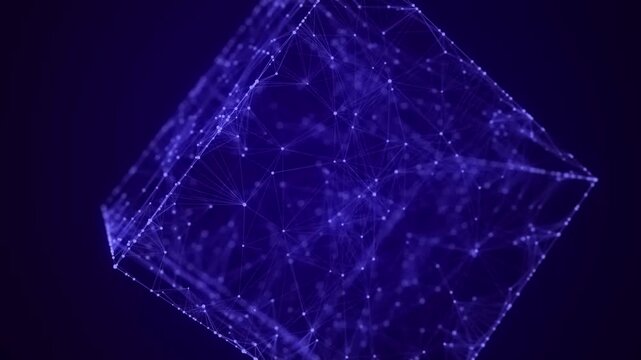 Abstract wireframe cube. Network connection structure. Digital blockchain concept. Futuristic blue background with dots and lines. 3D rendering.