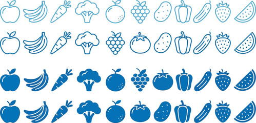 Fototapeta premium Blue icons of various fruits and vegetables in different shades and styles on white background