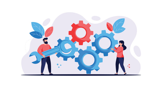Male and female engineers collaborating to fix a technical problem using a large wrench and blue and red interconnected gears.