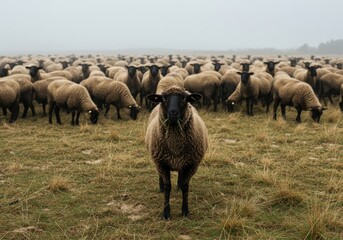Obraz premium Single Brown Sheep Standing Prominently in a Large Grazing Flock on a Grassy Field for Conceptual Leadership Poster with Copy Space and Natural Editorial Mood