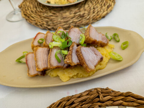 Cholesterol, Gourmet, Typical Spanish dish called torreznos, consisting of deep-fried pork skin and savory fried crust