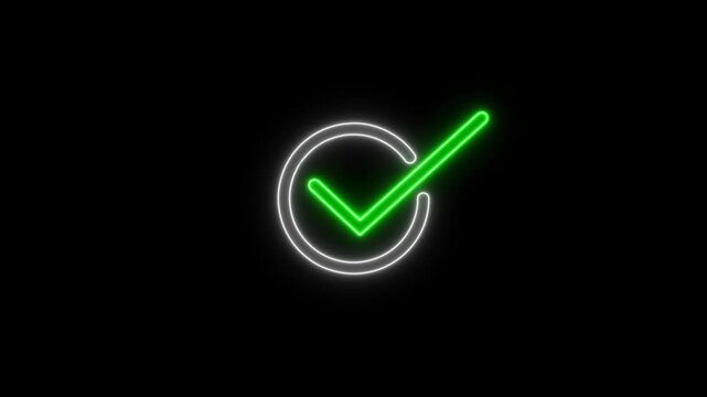 Neon green check mark animation on black background, glowing success symbol for digital interface and ui