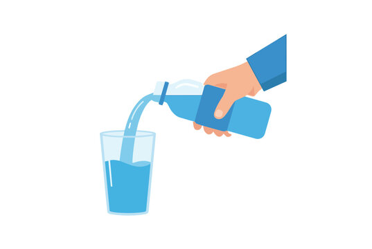 Hand pouring water from a blue bottle into a clear glass minimal flat illustration clean background simple everyday action hydration concept