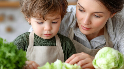 Obraz premium Mother and son preparing vegetables together in a bright kitchen 