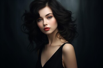 Naklejka premium Woman with dark hair and blue eyes looking at viewer with red lips