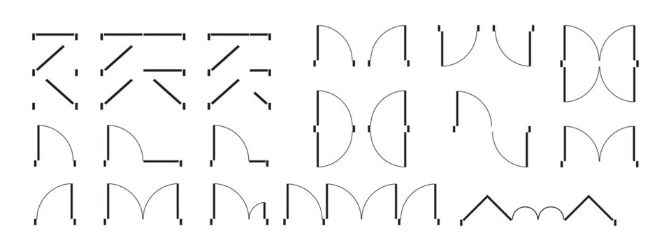 Set of different open and closed door icons. Entrance and exit signs for floor plan in top view. Elements for interior design draft isolated on white background. Vector graphic illustration