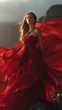 Stunning Young Woman in a Flowing Red Silk Gown Posing Against a Dramatic Mountain Backdrop During Golden Hour; Elegant Fashion Photography Featuring Ethereal Chiffon Fabric Waving in the Wind