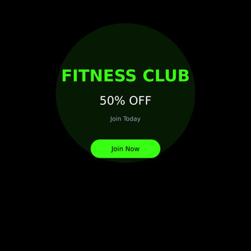 Fitness club membership promotion banner, neon green gym discount flyer with 50% off text, modern sports club marketing vector on black background