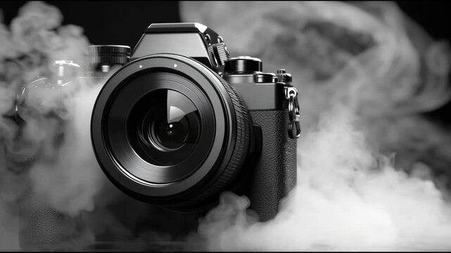 Professional camera with a sleek design emerges from swirling smoke, showcasing its lens and body details in a dramatic, visually striking setting