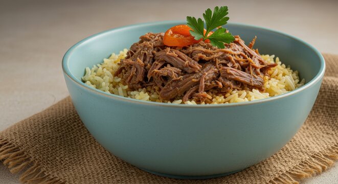 Traditional lamb mansaf with shredded meat over fluffy rice in a light blue ceramic bowl, served on ivory burlap for a gourmet food editorial or heritage cookbook