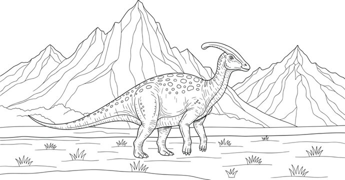 Parasaurolophus dinosaur line art in prehistoric landscape with mountains detailed outline illustration of extinct herbivore species