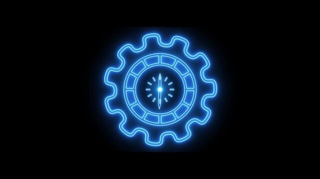 Time management concept for increases efficiency and reduces work time. Business project planning. Glowing neon line animated gear and clock inside isolated on transparent background.