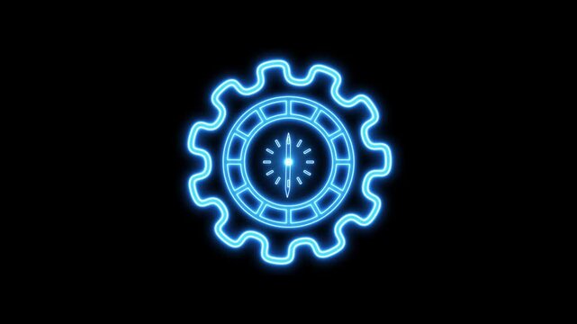 Time management concept for increases efficiency and reduces work time. Business project planning. Glowing neon line animated gear and clock inside isolated on transparent background.