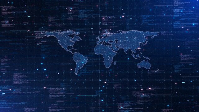 Digital World Map with Global Network Connection Points holographic world map interconnected data points floating binary code. for global communications, logistics, international cloud networking