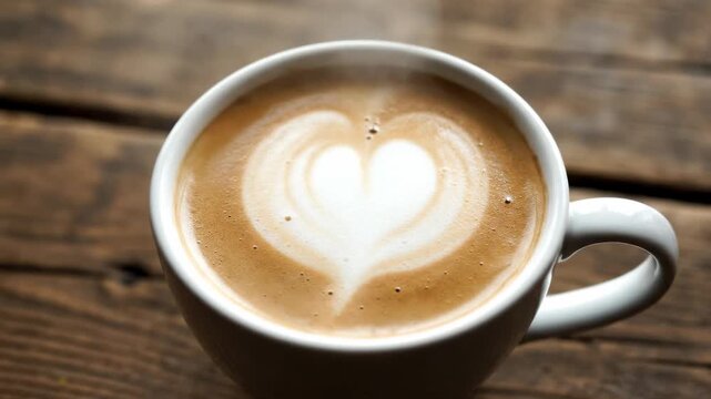 Steaming cup of coffee with latte art in the shape of a heart on a rustic table