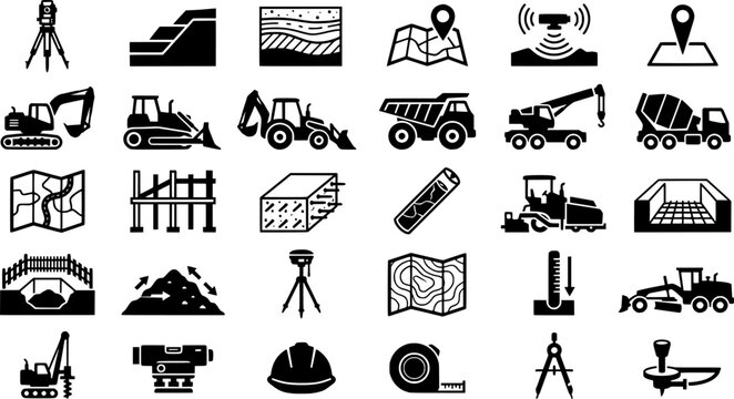 Surface Mining Icons. Outline icon set of surface mining processes: dragline excavator, overburden dump, haul
