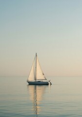 Fototapeta premium White Sailboat Floating on Calm Water with Mirror Reflection During Golden Hour, Serene Marine Landscape for Travel Editorial or Wellness Background with Copy Space