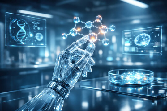 Agentic AI robotic hand manipulating glowing molecular structure in autonomous research laboratory with holographic interfaces and R&D automation concept