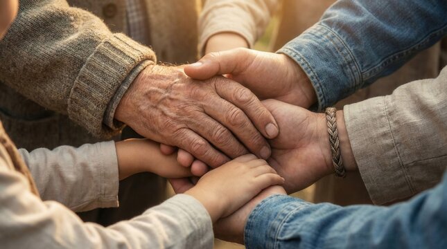 Hands supporting each other in a warm, close-knit circle, showcasing unity and connection, with diverse ages and backgrounds, in soft natural light