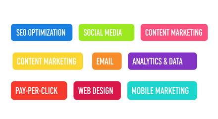 Fototapeta premium A vibrant collection of colorful digital marketing and SEO optimization tags, perfect for illustrating modern business strategies and online promotion.