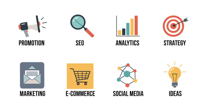 A comprehensive digital marketing icon set featuring promotion, SEO, analytics, strategy, email marketing, e-commerce, social media, and innovative ideas.