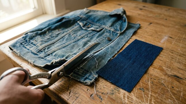 Large fabric scissors cutting a denim jacket on a wooden workshop table with a textile patch, concept of clothing repair, upcycling and sustainable fashion