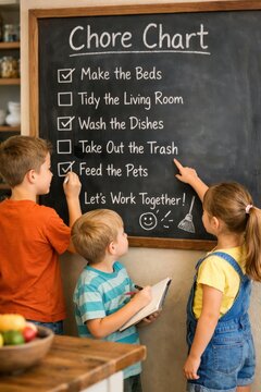 Kids creating a chore chart together on a blackboard