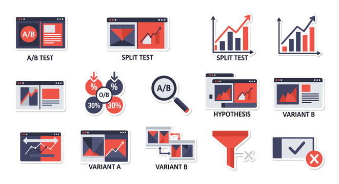 A comprehensive collection of vector icons illustrating various aspects of A/B testing and split testing methodologies for web optimization.