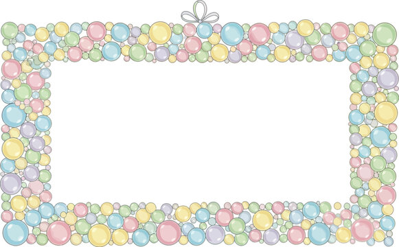 A colorful illustration of a frame decorated with balloons and a ribbon