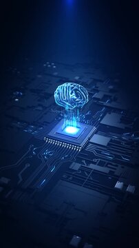 AI learning machine brain ai icon Computer microchip Science technology Artificial Intelligence Heard Technology Isometric for AI Digital Brain 3D 4K hologram brain analytics, AI chipset circuit board
