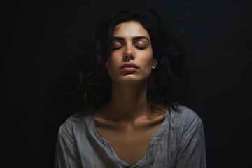 Fototapeta premium Young woman closing eyes, finding internal calm against a dark background
