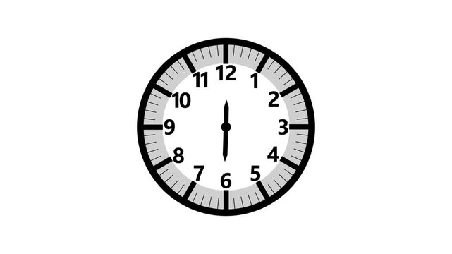 Animation of white clock counting down 12 hour day fast speed on white backdrop
