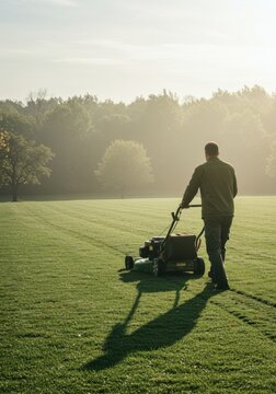 Gardener pushing a lawn mower across a vast green lawn at sunrise, professional landscaping service providing residential yard maintenance with copy space