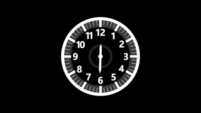 Animation of white clock counting down 12 hour day fast speed on black backdrop