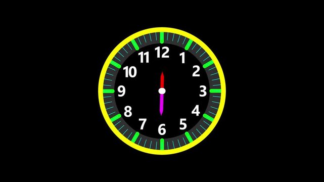 Animation of white clock counting down 12 hour day fast speed on black backdrop