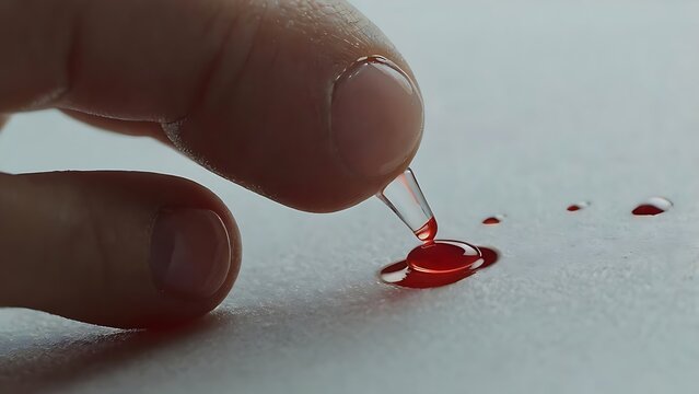 Close up finger prick test with tiny blood drop under soft lighting representing healthcare screening