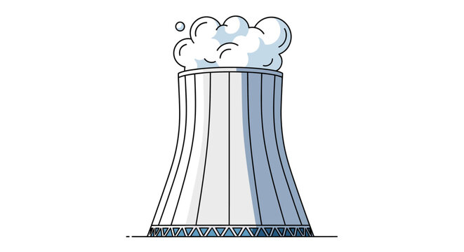 Minimalist Flat Line Art Illustration of a Nuclear Power Plant Cooling Tower with Steam.