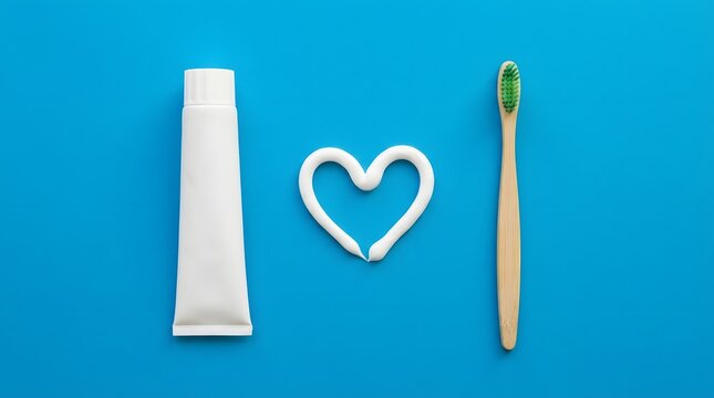 Toothpaste tube toothbrush and heart shaped dental floss on blue background representing oral hygiene dental care healthy smile routine and healthcare concept
