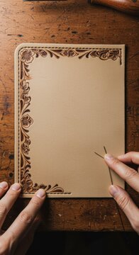 Tooled leather panel with floral border being handcrafted by artisan on rustic wooden workbench for leatherworking workshop branding, overhead view with copy space