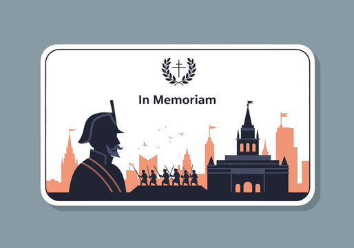 Historical Military Silhouette with Cityscape and In Memoriam Text.