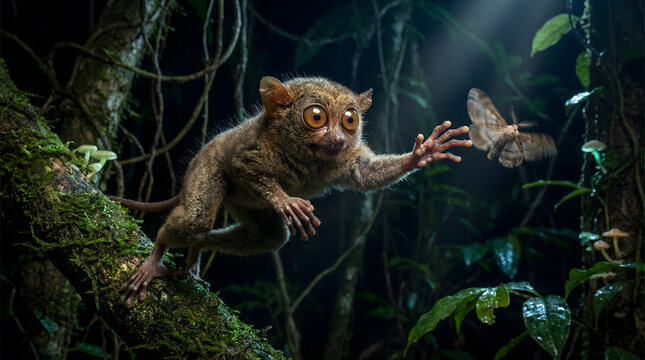 Hunting Tarsier Catching Moth at Night in Rainforest &ndash; Dynamic Wildlife Action Scene