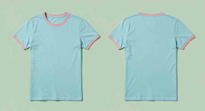 Two blue pastel cotton t-shirts showing front and back views on a green background for apparel mockup and clothing brand catalog design with ample copy space