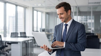 Fototapeta premium Businessman working on laptop in modern office environment with professional corporate setting 